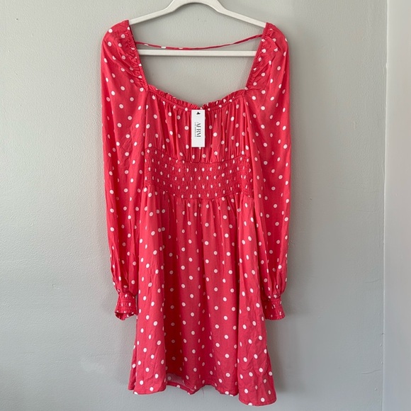 AFRM Long Sleeve Smocked Waist Polka Dot Mini Dress - Picture 1 of 7